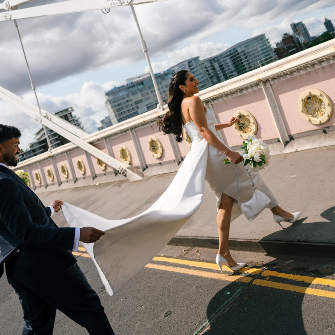 Harsimar Atwal wears a bespoke London-made wedding dress by British bridal designer, Rebecca Tembo