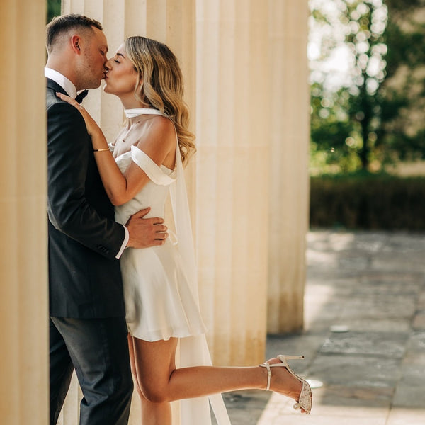 Jodie wearing the Bridal Draped Lena Corset (Vivienne Westwood inspired) and Silk Mini Ivory Skirt by Rebecca Tembo, for her elopement
