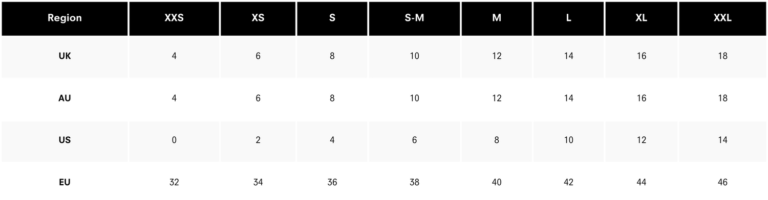 REBECCA TEMBO Sizing Guide - International Conversion Table